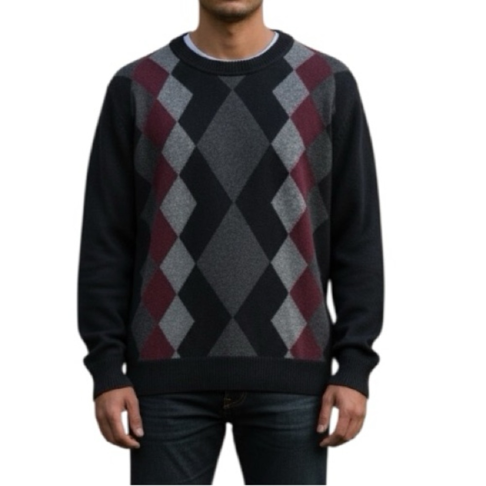 Axcess Men's Pullover Argle Diamond Crewneck Sweater, Black, Gray, & Burgundy